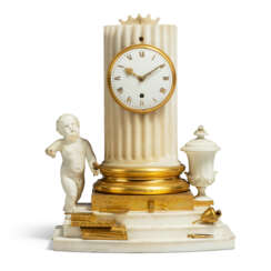 A GEORGE III ORMOLU-MOUNTED, DERBY BISCUIT PORCELAIN AND WHITE MARBLE &#39;COLUMN&#39; TIMEPIECE MANTEL CLOCK
