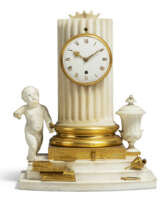 A GEORGE III ORMOLU-MOUNTED, DERBY BISCUIT PORCELAIN AND WHITE MARBLE 'COLUMN' TIMEPIECE MANTEL CLOCK
