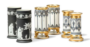 A PAIR OF WEDGWOOD BLACK JASPERWARE SPILL-VASES AND TWO PAIRS OF PARIS PORCELAIN SPILL-VASES