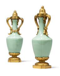 A PAIR OF LOUIS XVI ORMOLU-MOUNTED CHINESE CELADON-GLAZED VASES AND COVERS