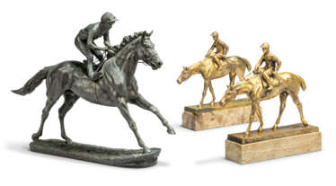 A PAIR OF GILT-ELECTROTYPE EQUESTRIAN GROUPS OF JOCKEYS AND RACEHORSES