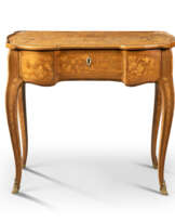 A LOUIS XV TULIPWOOD, KINGWOOD, AMARANTH AND FRUITWOOD MARQUETRY TABLE A ECRIRE