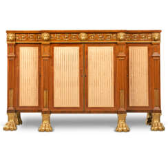 A REGENCY BRAZILIAN ROSEWOOD, INDIAN ROSEWOOD, SATINWOOD, BURR-YEW-CROSSBANDED, PARCEL-GILT AND GILT-COMPOSITION BREAKFRONT CABINET