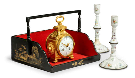 A FRENCH ORMOLU PENDULE D`OFFICIER, A VICTORIAN JAPANNED BOOK CARRIER AND A PAIR OF BILSTON ENAMEL CANDLESTICKS - фото 1