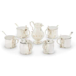 SIX GEORGIAN SILVER MUSTARD POTS WITH SPOONS AND A GEORGE II SILVER CREAM JUG