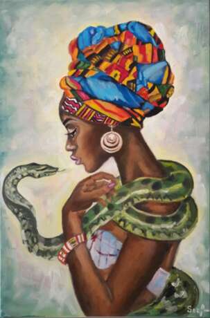 Африканская женщина и змея Leinwand auf dem Hilfsrahmen Ölfarbe Realismus Genrekunst Portugal 2022 - Foto 1