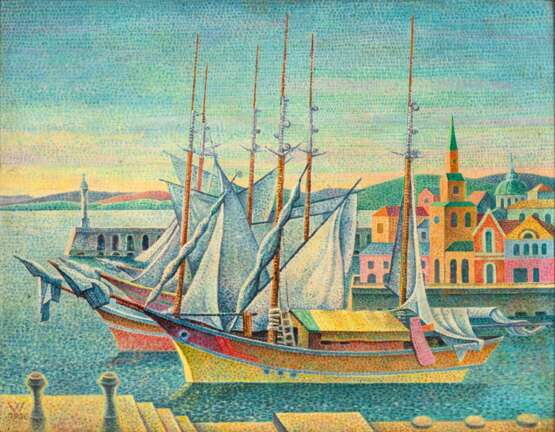 Pointillistischer Maler Um 1930. Segelschiffe im Hafen. - Foto 1