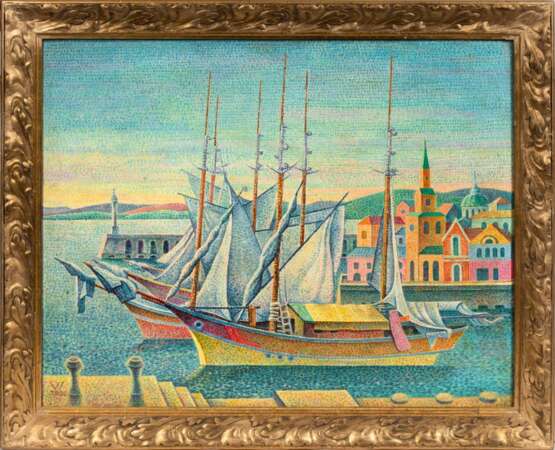 Pointillistischer Maler Um 1930. Segelschiffe im Hafen. - фото 2