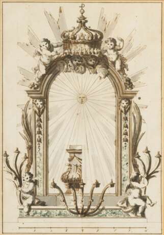 Französischer Meister tätig 2. Hälfte 18. Jh. Entwurf für einen Spiegel mit Krone und Putti. - Foto 1