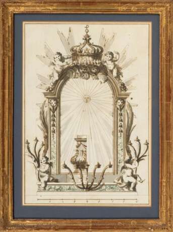 Französischer Meister tätig 2. Hälfte 18. Jh. Entwurf für einen Spiegel mit Krone und Putti. - Foto 2