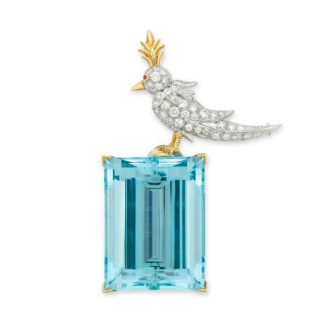 TIFFANY & CO. BY JEAN SCHLUMBERGER AQUAMARINE, DIAMOND AND COLOURED SAPPHIRE `BIRD ON A ROCK` BROOCH - photo 1