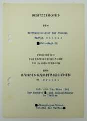 Bandenkampfabzeichen, Bronze Urkunde für einen Rottwachtmeister der Polizei im SS-Polizei-Regiment 15.