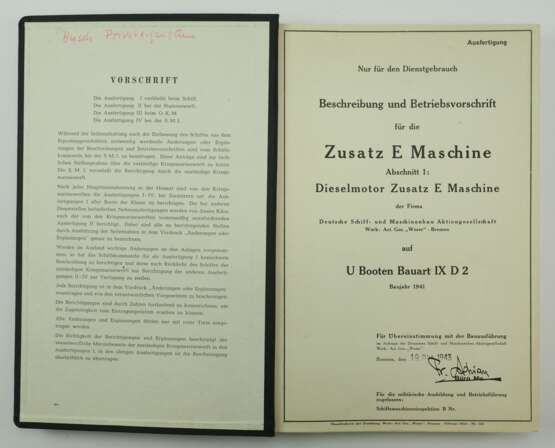 Kriegsmarine U-Boot-Bau: Beschreibung und Betriebsvorschrift für die Zusatz E Maschine Abschnitt 1: Dieselmotor Zusatz E Maschine auf U Booten Bauart IX D 2. - Foto 2