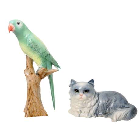 ROYAL DUX/GOEBEL 2 Tierfiguren 'Papagei' und 'Katze', 20. Jh. - photo 1