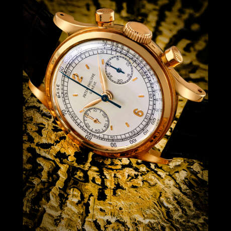 PATEK PHILIPPE. A VERY RARE AND GORGEOUS 18K PINK GOLD CHRONOGRAPH WRISTWATCH WITH TACHYMETER SCALE - фото 1