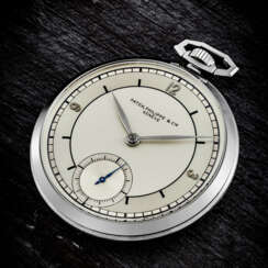 PATEK PHILIPPE. A RARE AND STUNNING STAINLESS STEEL POCKET WATCH WITH TWO-TONE DIAL