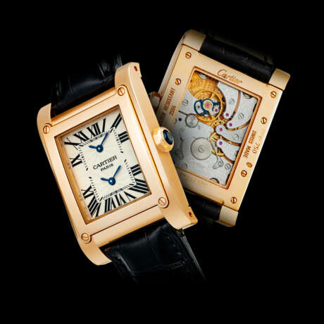 CARTIER. AN 18K PINK GOLD RECTANGULAR DUAL TIME WRISTWATCH - photo 1