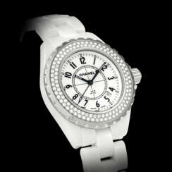 CHANEL. A WHITE CERAMIC AND DIAMOND-SET WRISTWATCH WITH SWEEP CENTRE SECONDS, DATE AND BRACELET