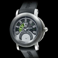 GERALD GENTA. AN 18K WHITE GOLD AUTOMATIC WRISTWATCH WITH SWEEP CENTRE SECONDS, JUMP HOUR, RETROGRADE MINUTES AND DATE
