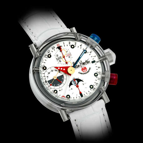 ALAIN SILBERSTEIN. A VERY RARE AND UNUSUAL SAPPHIRE CRYSTAL LIMITED EDITION AUTOMATIC CHRONOGRAPH WRISTWATCH WITH TRIPLE CALENDAR, 24 HOUR DISPLAY AND MOON PHASES - Foto 1