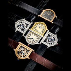 CARTIER. AN EXCLUSIVE GROUP OF SIX VERY RARE 18K GOLD, PINK GOLD, PLATINUM AND DIAMOND-SET LIMITED EDITION WRISTWATCHES