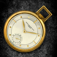 PATEK PHILIPPE. A RARE AND VERY APPEALING 18K GOLD POCKET WATCH WITH TWO-TONE DIAL