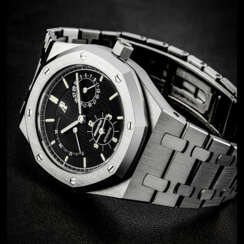 AUDEMARS PIGUET. A STAINLESS STEEL AUTOMATIC DUAL TIME WRISTWATCH WITH POWER RESERVE AND DATE