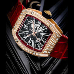 RICHARD MILLE. AN 18K PINK GOLD AND DIAMOND-SET AUTOMATIC SEMI-SKELETONISED WRISTWATCH WITH SWEEP CENTRE SECONDS AND DATE