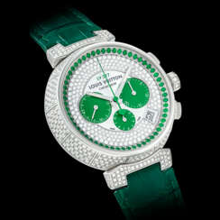 LOUIS VUITTON. A VERY RARE 18K WHITE GOLD, DIAMOND AND GREEN GEMSTONE-SET LIMITED EDITION AUTOMATIC CHRONOGRAPH WRISTWATCH WITH DATE