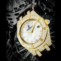 AUDEMARS PIGUET. A LADY’S 18K GOLD AND DIAMOND-SET WRISTWATCH WITH DATE AND MOTHER-OF-PEARL DIAL