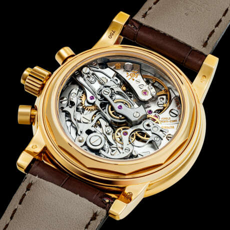PATEK PHILIPPE. AN IMPORTANT AND POSSIBLY UNIQUE 18K GOLD SPLIT SECONDS CHRONOGRAPH PERPETUAL CALENDAR WRISTWATCH WITH MOON PHASES, 24 HOUR, LEAP YEAR INDICATION AND BLACK MONOGRAM DIAL WITH LUMINOUS HOUR MARKERS AND TACHYMETER SCALE - фото 5