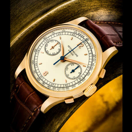 PATEK PHILIPPE. A STUNNING AND VERY RARE 18K PINK GOLD CHRONOGRAPH WRISTWATCH WITH TACHYMETER SCALE - photo 1