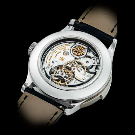 PATEK PHILIPPE. A VERY RARE AND HIGHLY COMPLICATED PLATINUM MINUTE REPEATING PERPETUAL CALENDAR TOURBILLON WRISTWATCH WITH RETROGRADE DATE, MOON PHASES AND LEAP YEAR INDICATION - photo 3