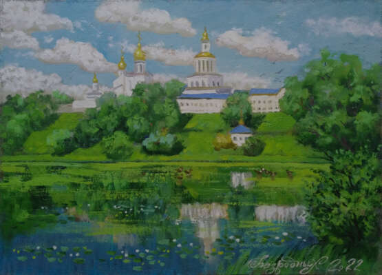 Ölgemälde „Монастырь“, Hartfaserplatte, Ölfarbe, Realismus, Landschaftsmalerei, Россия Санкт-Петербург, 2022 - Foto 1