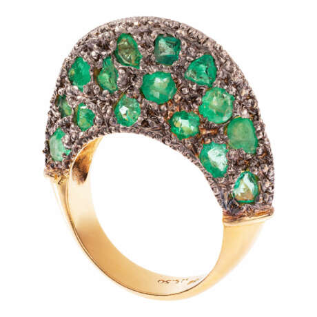 Jugendstil Haubenring mit Smaragden und Diamanten - photo 1