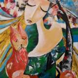 Дама с кошкой Холст на подрамнике Акриловые краски Наивное искусство Бытовой жанр Португалия 2022 г. - фото 1