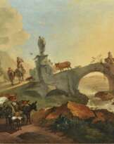 Nicolaes Berchem, Umkreis bzw. Nachfolge - Südliche Landschaft mit Bauern bei einer Steinbrücke