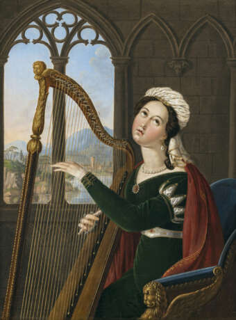 C. Müller (Karl Müller, geb. 1797 Danzig, ?) - Bildnis einer jungen Frau mit Harfe am Fenster Ausblick auf südliche Uferlandschaft. - фото 1