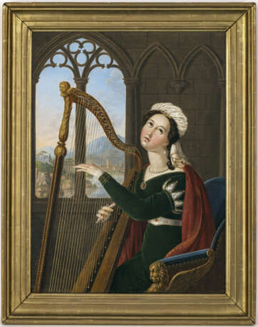 C. Müller (Karl Müller, geb. 1797 Danzig, ?) - Bildnis einer jungen Frau mit Harfe am Fenster Ausblick auf südliche Uferlandschaft. - photo 2