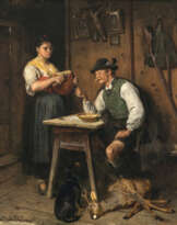 Adolf Eberle - Jäger bei der Suppe Das erlegte Reh zu seinen Füßen, eine Magd gerade das Brot schneidend.