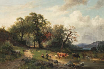 G. Küstner (Gottfried Küstner, 1800 Freudenstadt - 1864 Stuttgart, ?) - Hirtenpaar mit Rindern am Wasser