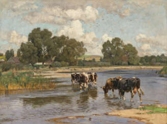 Otto Strützel - Dachauer Landschaft mit Rindern am Wasser