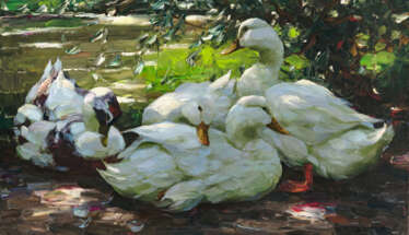 Alexander Koester - Im Schatten Vier weiße Enten unter Weidenbäumen am Wasser.
