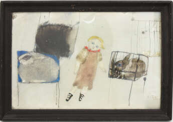 HEIDI FOERSTER, "Mädchen mit Hasen", Mischtechnik hinter Glas, gerahmt, signiert und datiert. 