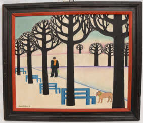 MARIA KLOSS, "Winterspaziergänger mit Hund", Öl auf Karton, 1971, gerahmt. 