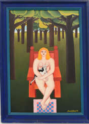 MARIA KLOSS, "Frau mit Katze im Wald", Öl auf Karton, 1971, gerahmt..