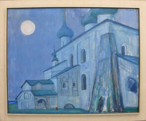ILJA GLASUNOV, "Weisse Kirche in Kargopol (Bjelaja Notsch)", Acryl auf Leinwand, letztes Drittel 20. Jahrhundert