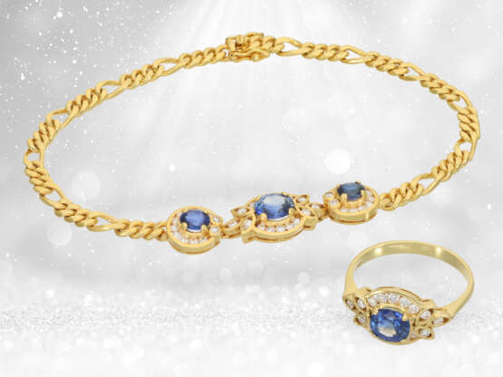 Zierliches Saphir/Brillant-Goldschmiede-Armband mit passendem Ring, 18K Gold - photo 1