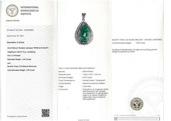 Anhänger: sehr hochwertiger Platinanhänger mit zertifiziertem, kolumbianischen Smaragd von ca. 5ct - фото 4