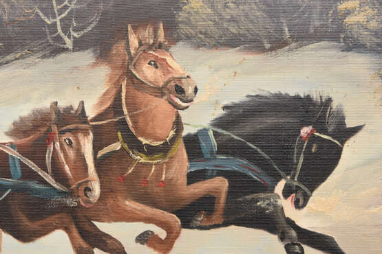 UNBEKANNTER KÜNSTLER, Winterjagd auf Pferdeschlitten, Öl auf Leinwand, 20 Jahrhundert - Foto 3